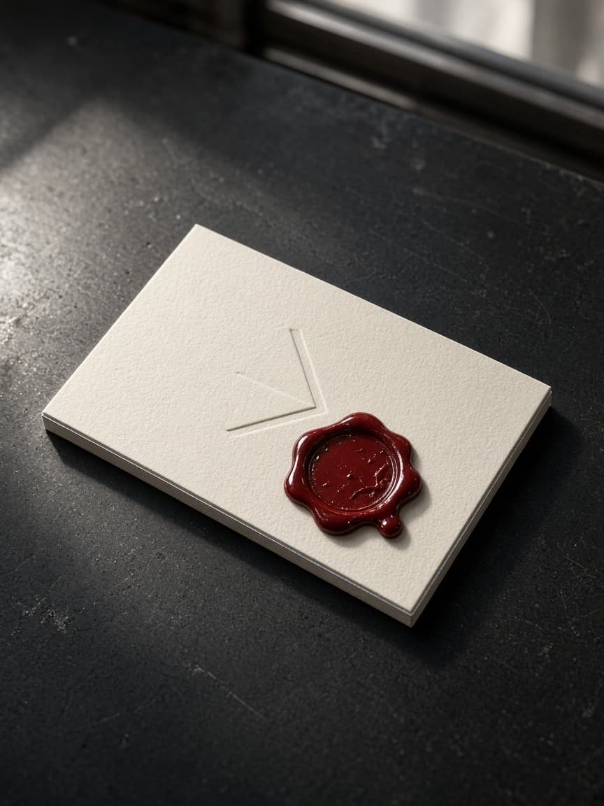 A bone letterpress studio card with a lacquer-red seal