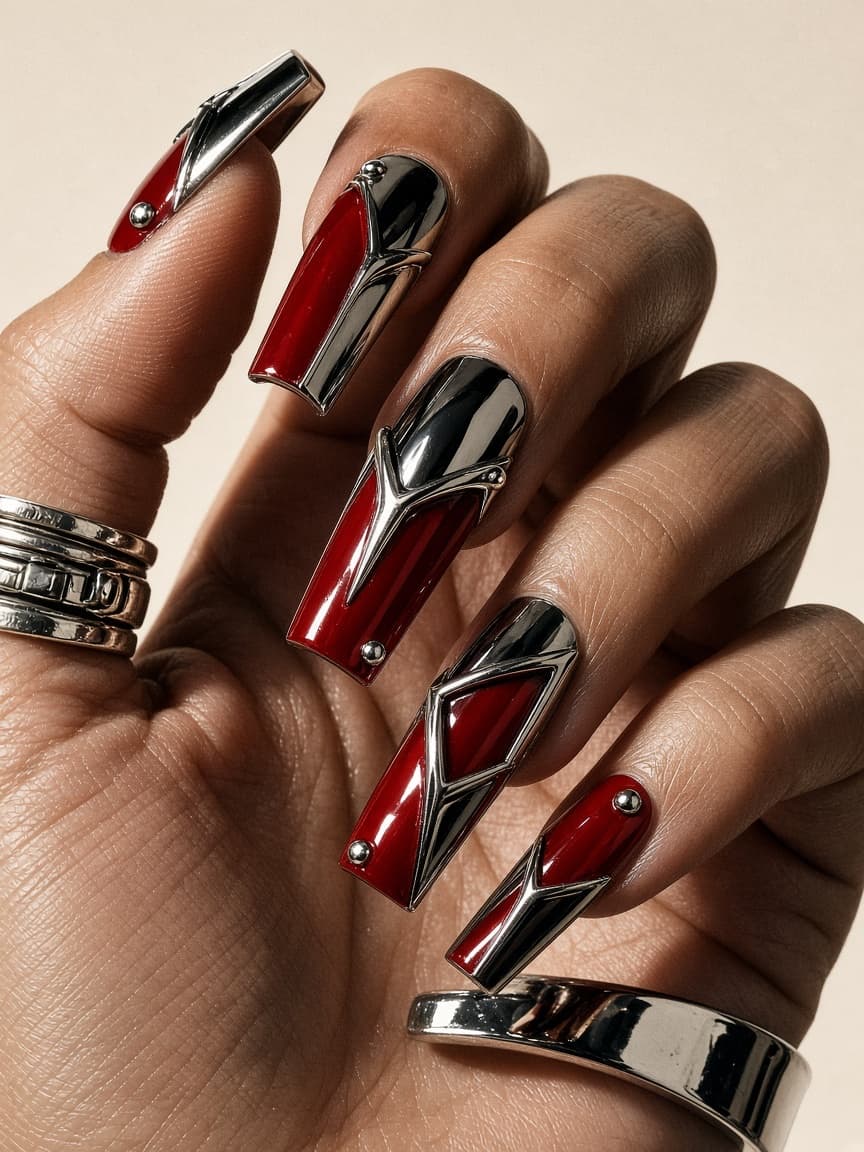 A hand with architectural red and chrome nail art and silver jewellery