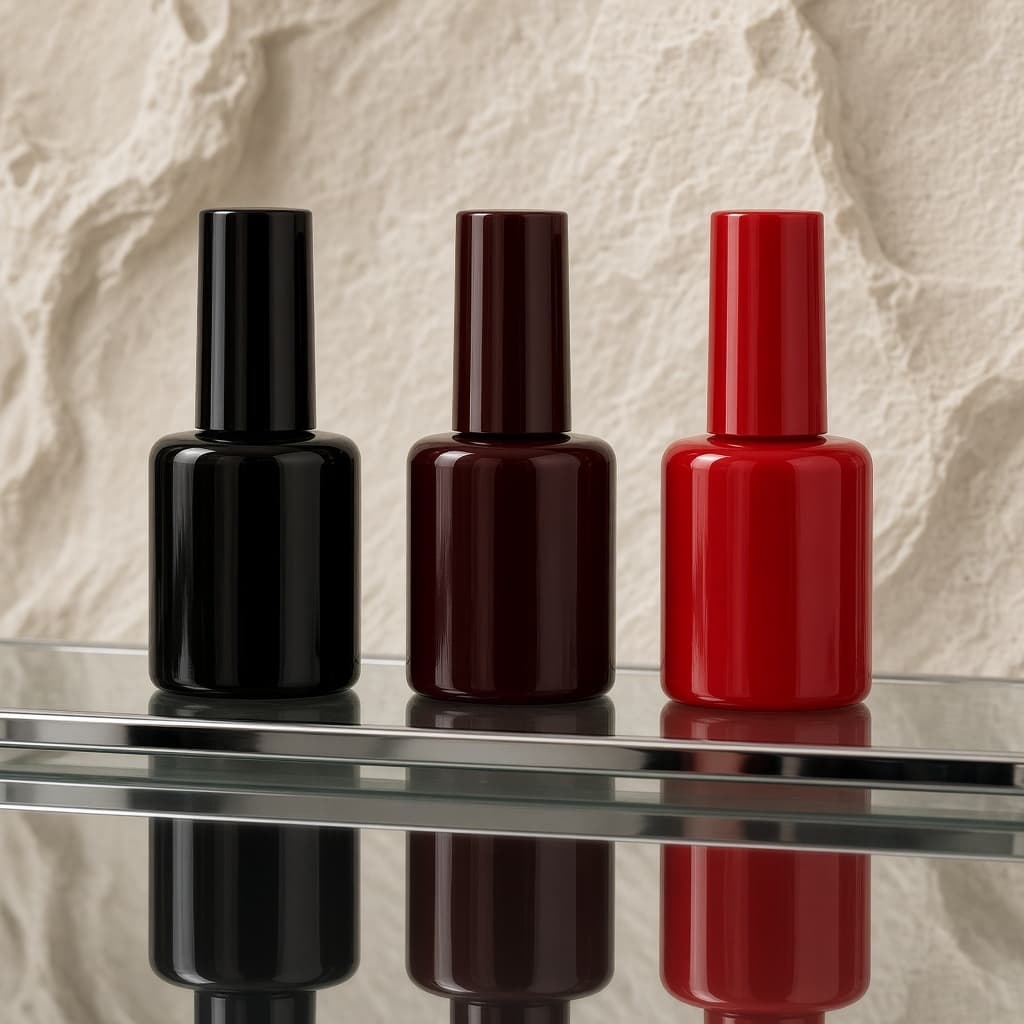 Unlabelled lacquer bottles on glass