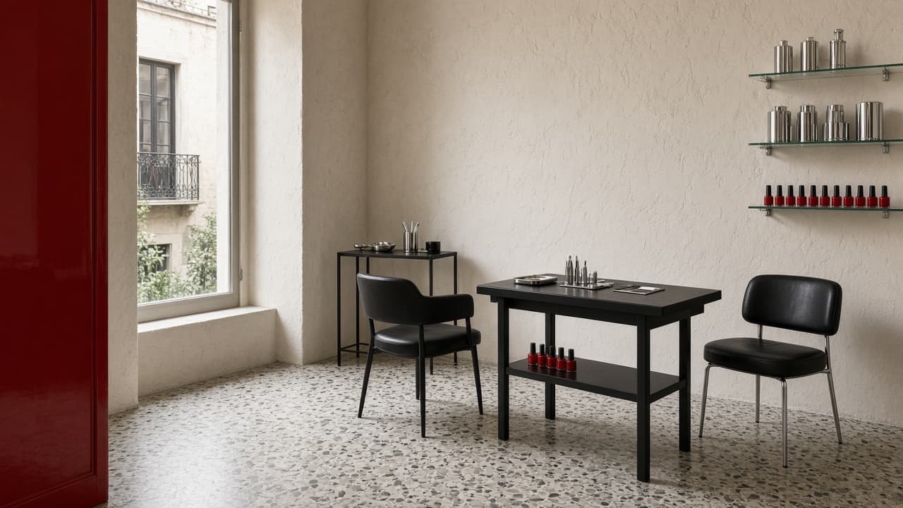 The LACCA studio: bone plaster, black steel tables and a lacquer-red door