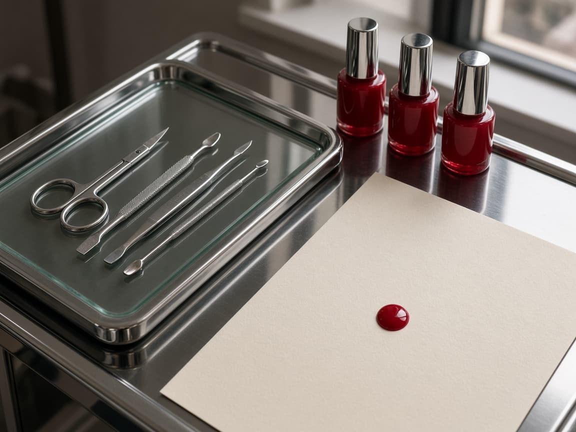 Chrome tools, glass and red lacquer bottles